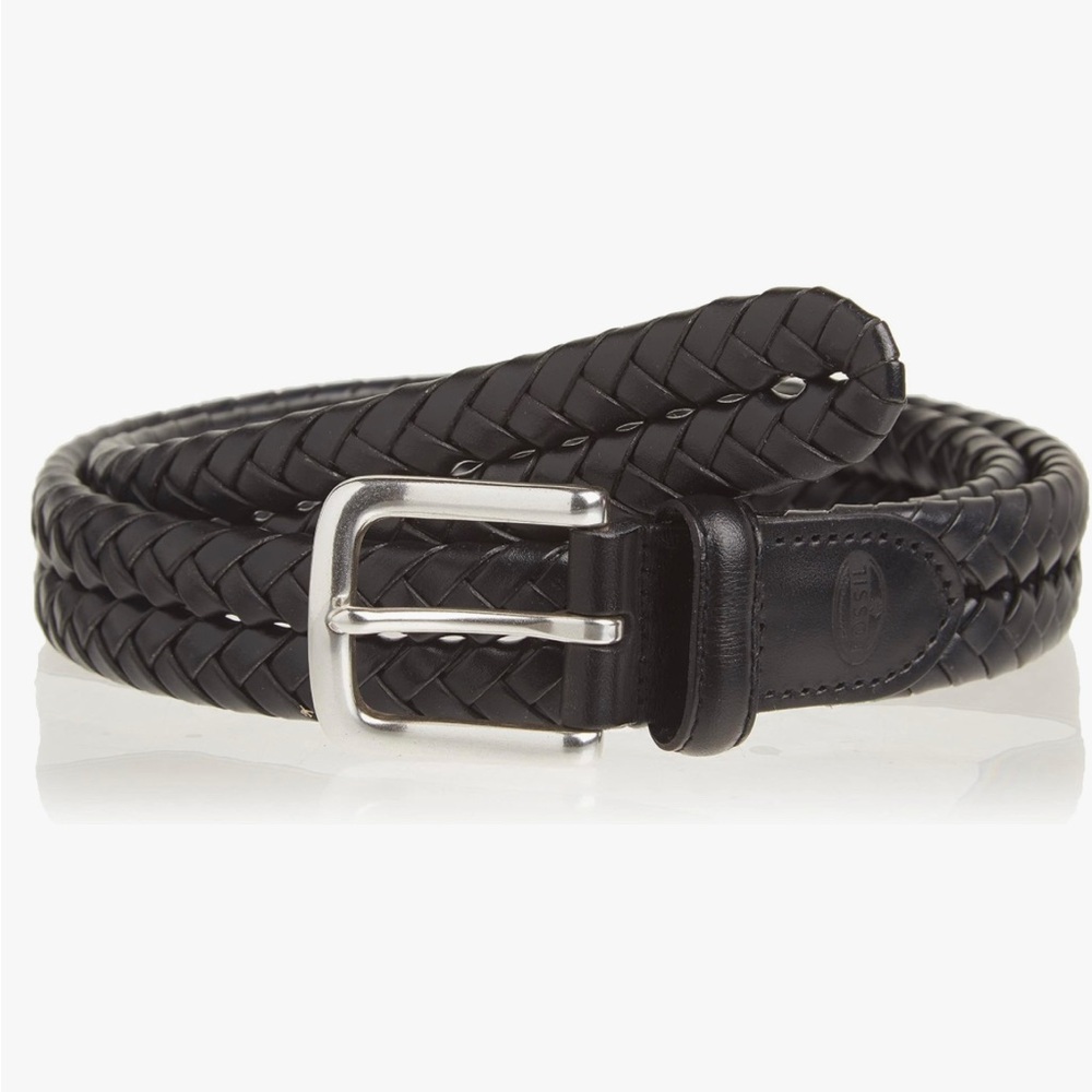 EUC Fossil Black braided 1” wide leather Maddox belt with silver buckle.